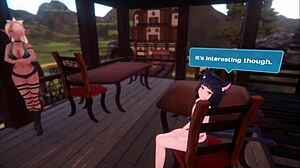 A sex doll performs a teasing dance in the monster girl island hentai game, showcasing her big and small tits.