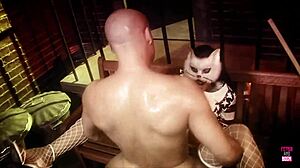 A guy discovers a naughty brunette in a kitty mask eager for a facial