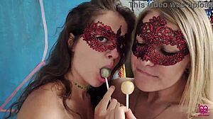 Two Girls Adore Sucking Lollipop but Crave Real Dick Even More in Hot FFM POV. Kissing and Swallowing All Night!