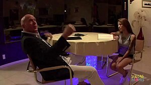 sugar daddy bends over his trophy wife for sloppy blowjob when he arrives home. she rides him hard afterward.