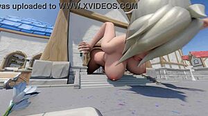 Mercy Outgrows Blizzard World Spawn in Tall, Kinky Crossdressing Anime Hentai Scene