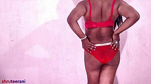 Sissy Shrutee crossdresses boldly, Asian Indian amateur masturbates to orgasm with handjob.