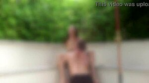 Oiled milf rides cock outside with tight pussy gripping hard. What a wild amateur couple!