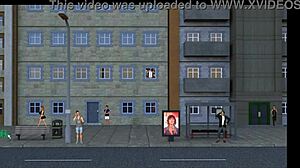 Nasty City Hentai Game Ep 1: Cute Girl in Outfit Blows at Homemade Gloryhole with Cumshot