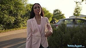 Public agent meets cute colombia babe outdoors for a discussion