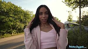 Public agent meets cute colombia babe outdoors for a discussion