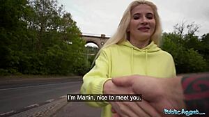 Stunning blonde Euro babe takes hard deep dicking in public