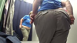Massive curvy milf caught on camera rocking white panties in fitting room fetish clip.