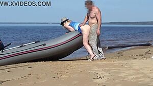 Lady tourist flashes big ass while boatman bangs her doggystyle on the water.