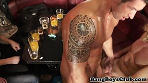 tattooed euro stripper goes down on hard dick at wild group party