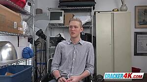 Blonde gay guy sucks off directors big chocolate bar!