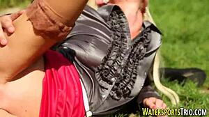 watersports whore gets banged hard outdoors with kinky handjob