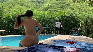 Natasha and Megan Tan Naked While Guy Cleans Pool for Lucky Swim