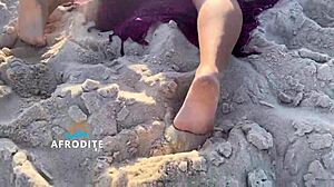 Bent over doggystyle ass masturbation on brazilian beach, vendor watching