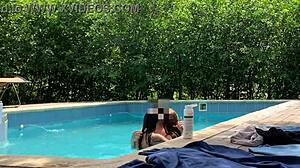 Natasha and Megan Tan Naked While Guy Cleans Pool for Lucky Swim