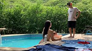 Natasha and Megan Tan Naked While Guy Cleans Pool for Lucky Swim
