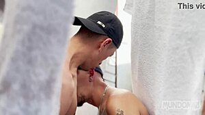 Fucking outdoors between the sheets with anal and blowjob quickie.