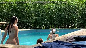 Natasha and Megan Tan Naked While Guy Cleans Pool for Lucky Swim