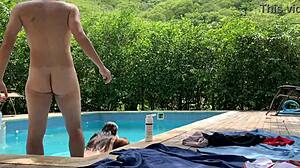 Natasha and Megan Tan Naked While Guy Cleans Pool for Lucky Swim