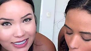 Gostosa asiática brings friend for first ménage, negão finishes on both hotties.