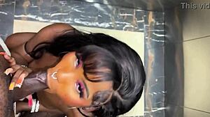 Stranger in elevator gives blowjob.