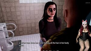 Rough blowjob in public toilet contrasts milf's tattooed fishnets