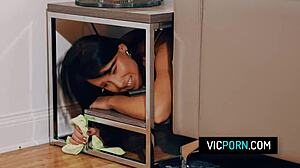 Ugh, hot brunette milf Preston Parker stuck under table, no panties, gets rough doggystyle