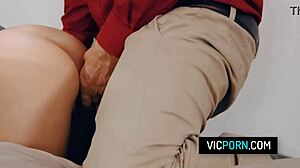 Ugh, hot brunette milf Preston Parker stuck under table, no panties, gets rough doggystyle