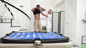 Sexy Blonde Masseuse Gives Wet Nuru and Sucks BBC