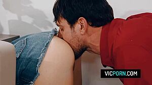 Ugh, hot brunette milf Preston Parker stuck under table, no panties, gets rough doggystyle