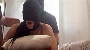 Chairtied Hooded Woman Takes Big Cock in Mouth, Pussy, and Ass Roughly