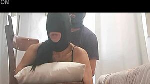 Chairtied Hooded Woman Takes Big Cock in Mouth, Pussy, and Ass Roughly