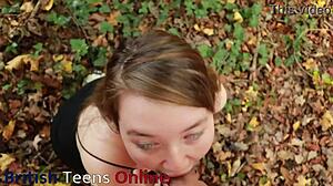 Real 18-year-old British teen gives sloppy blowjob and swallows outdoors.