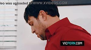 Ugh, hot brunette milf Preston Parker stuck under table, no panties, gets rough doggystyle