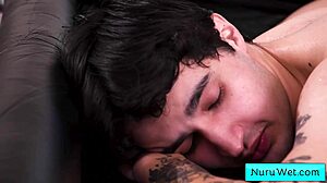 Wow! Sexy blonde masseuse Athena Anderson rubs naked with nuru gel on horny Elias Cash. What a wild handjob and monster cock action!