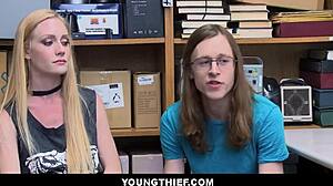 Emma Starletto, skinny shoplifter, gets drilled by guard while boyfriend watches in shock.