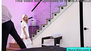 Busty Blonde Masseuse Rubs Nuru Gel On Client