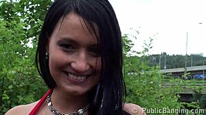 Daring brunette joins public sex orgy outdoors with young teens in threesome.