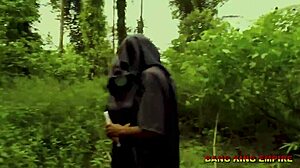 Mature ebony babe rides my big dick in bush sex