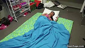 Naughty brunette in POV handjob scene with teen 18+.