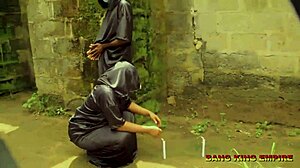 Mature ebony babe rides my big dick in bush sex