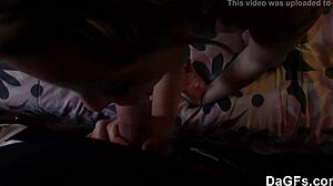 sexy brunette slut undresses and sucks dick