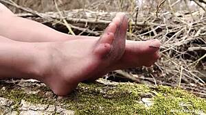 goddess teases with tan pantyhose feet in spring forest, pure nylon fetish