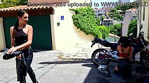 The biker couldn’t resist her natural tits and cute charm. They ended up fucking hard after muff diving.