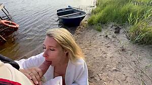 Risky Outdoor Fun with Stunning Blonde in Tight Fishnet Gear