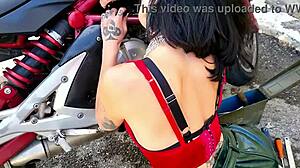 The biker couldn’t resist her natural tits and cute charm. They ended up fucking hard after muff diving.