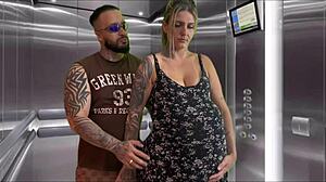 Pregnant neighbor gags on cock in elevator, I finish all over her.