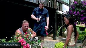 Stunning Oriental Brunette Feels Double Penetration in Garden!