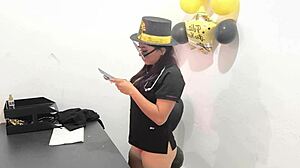 hot office worker teases with anal plug on horny buttocks