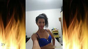 Beautiful brunette in blue lingerie flashes her sexy ass